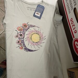 Life Is Good Women's White Tee with Sun and Moon Design